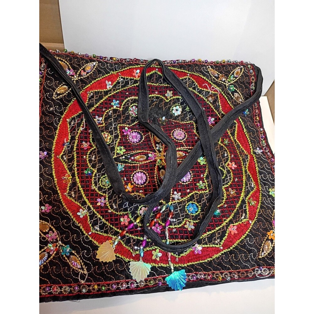Vintage beaded black velvet handbag from India—Zardozi-style embroidery